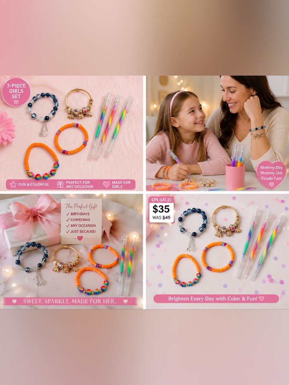 7-Piece Girls Bracelet & Colorful Pen Gift Set – Cute Kids Accessories for Any O